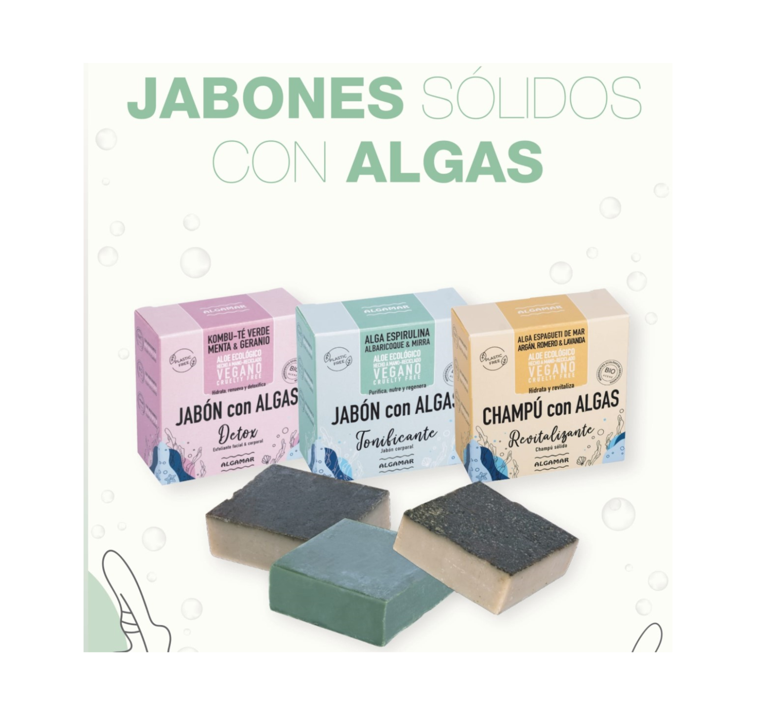 PACK COSMÉTICA ECOLÓGICA - CHAMPÚ SÓLIDO Y DOS JABONES CON ALGAS